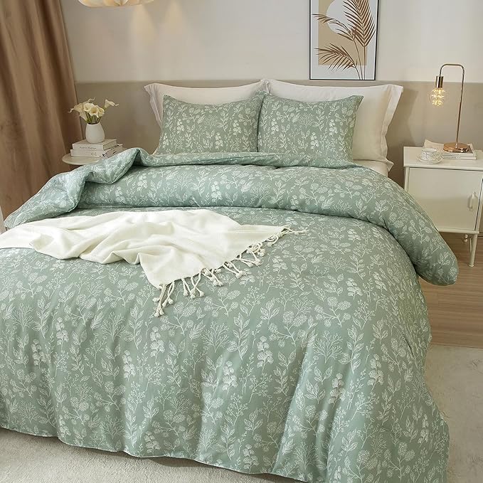 HighBuy 3 Piece Full Duvet Cover for Girl Green Botanical Floral Comforter Cover Full 100% Cotton Garden Chic Bedding Set with 2 Pillowcases All Season Cozy Floral Duvet Cover Set