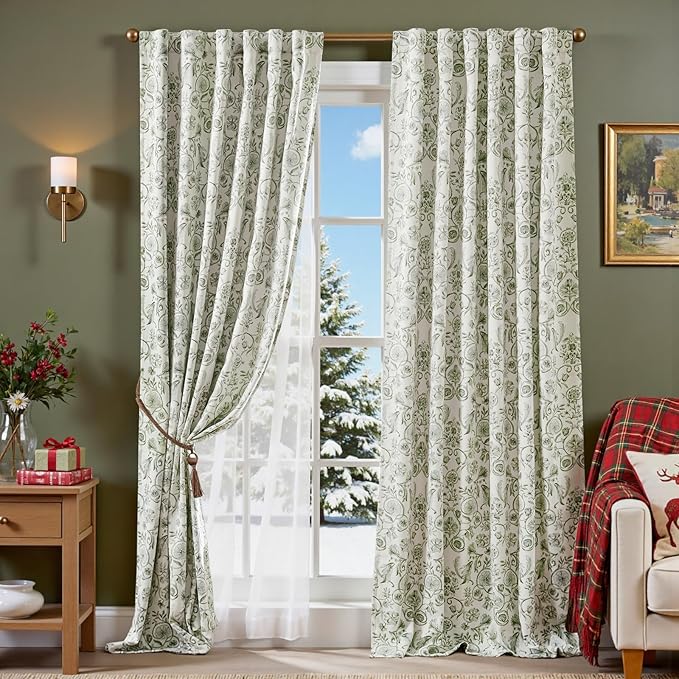 jinchan Floral Blackout Curtains for Bedroom Living Room 96 Inches Length Farmhouse Curtains Room Darkening Vintage Drapes Traditional Rod Pocket Window Treatment 2 Panels Set Sage Green on Beige
