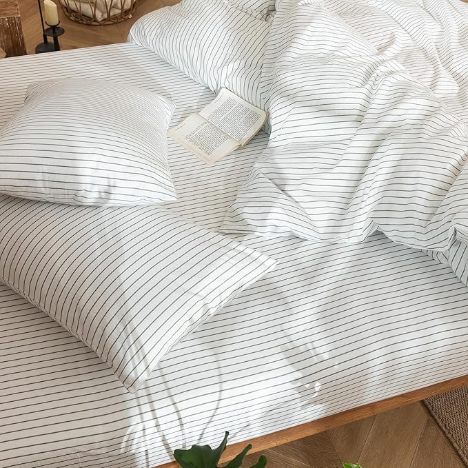 MooMee Striped Duvet Cover Set 100% Washed Cotton Linen Like Textured Breathable Durable Soft Comfy (White Heathered Green Wide Stripes, Super Queen 90"x98")