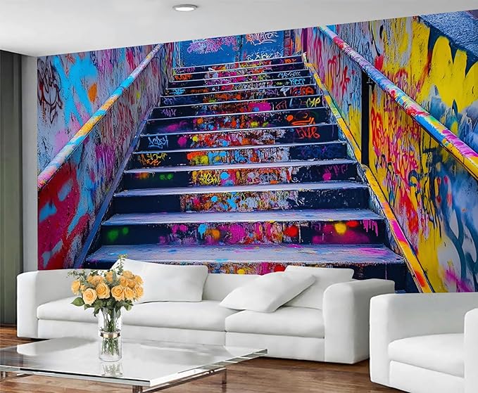 Graffiti Staircase Wall Mural, Urban Street Art 3D Wall Murals, Modern Hip-Hop Colorful Graffiti Steps Wallpaper Mural, for Living Room Bedroom Large Wallpaper Indoor Decor 137.8" W x100 H