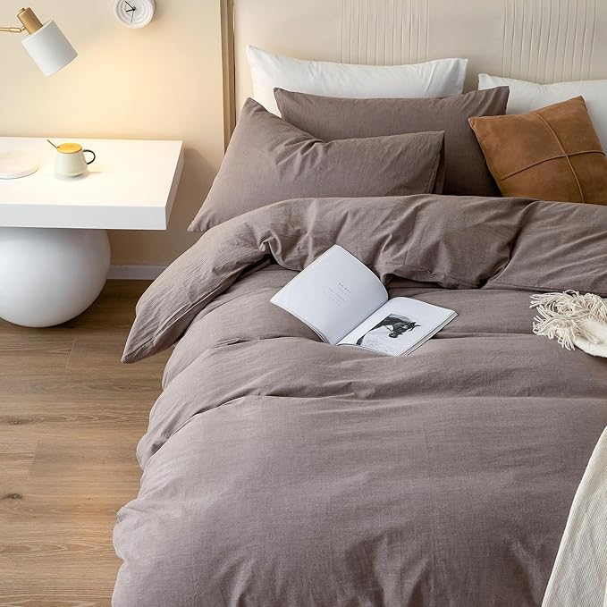 JIYUAN 100% Washed Cotton Duvet Cover Set 3 Pieces Full, 1 Duvet Cover 80x90 Inches(Comforter Not Included) and 2 Pillowcases,Linen Feel Bedding Set Comfy and Breathable, Heathered Mauve Brown