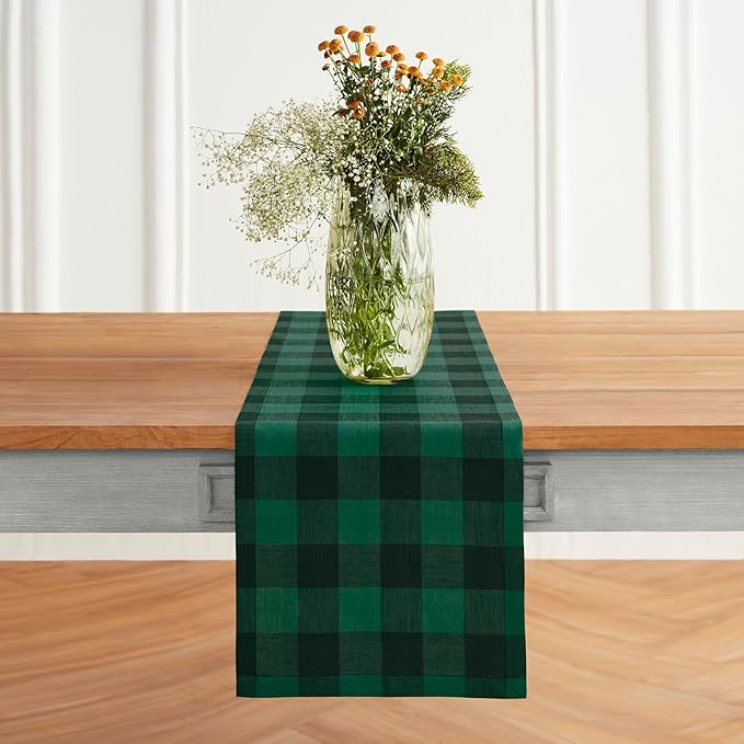 Solino Home Linen Checkered Table Runners 90 Inches Long - 100% Pure Linen Green and Black Buffalo Check Table Runner 14 x 90 Inch Ideal for Dining, Winter