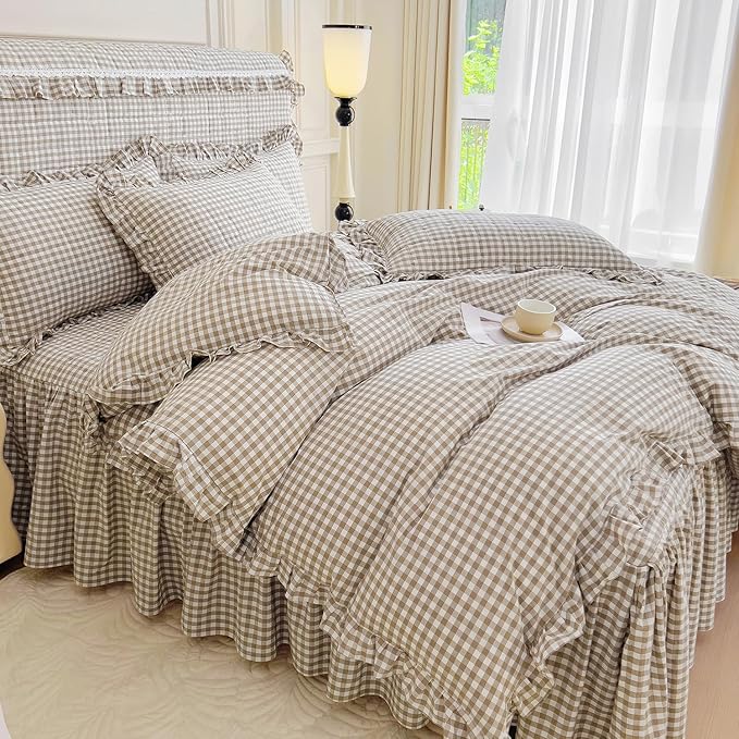 LifeTB Tan Gingham Comforter Set King Vintage Ruffle Beige Taupe Plaid Comforter Set 3 Pieces Soft Fluffy Grid Checkered Pattern Comforter with 2 Pillowcases Farmhouse Gingham Plaid Bedding Set
