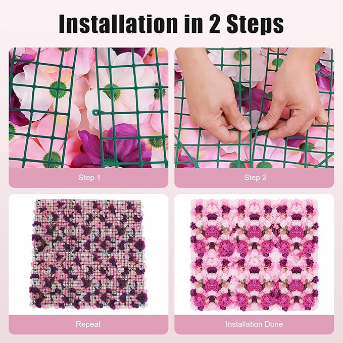 Flower Wall Backdrop 3D Wall Panels, 6Pcs Artificial Flower Wall Panel Silk Rose Floral Decorative Faux Flower Wall Background for Wedding Home Decoration (Pink, Purple,23.6 * 15.7in)