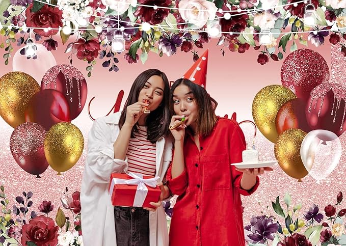 LTLYH Birthday Party Backdrop, 8x6ft, Red Flowers with Golden Glitter, Polyester, Decoration Banner, Photography Background, Birthday Party Supplies