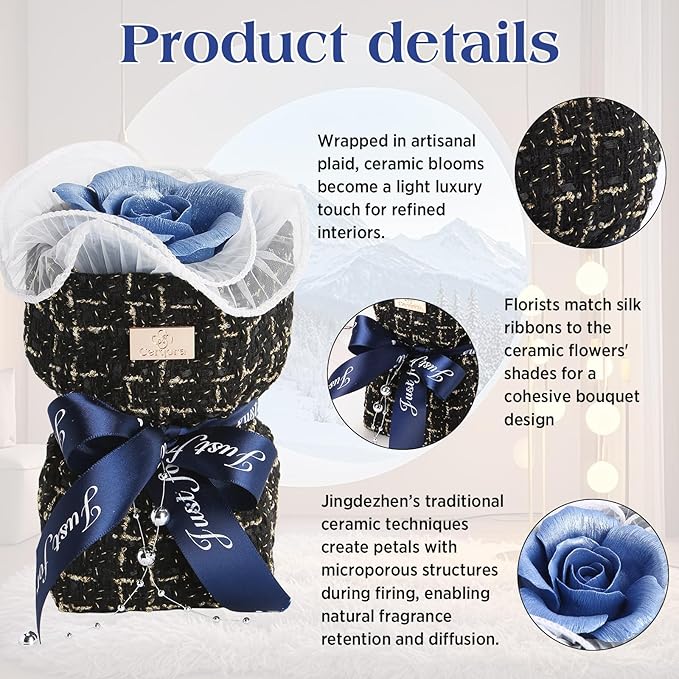 Ceramic Preserved Rose Bouquet, Blue Eternal Flower Handmade Ceramic Craft Art with Fragrance Expansion Function, Birthday/Anniversary/Valentine's Day Luxury Gift Box for Women, Mom, Wife,Her