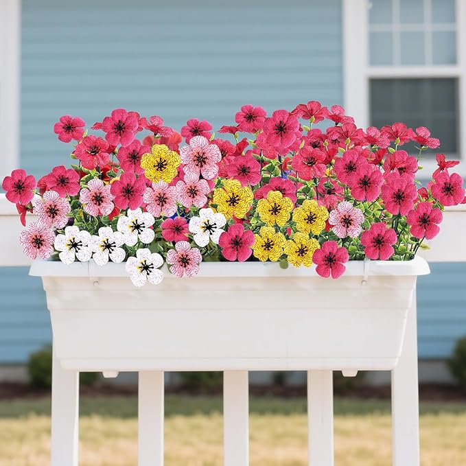 14 Bundles Artificial Flowers UV Resistant for Patio Outdoors Fake Faux Silk Plants Realistic Plastic Flowers Indoors Porch Window Home Decoration (14, Fuchsia)