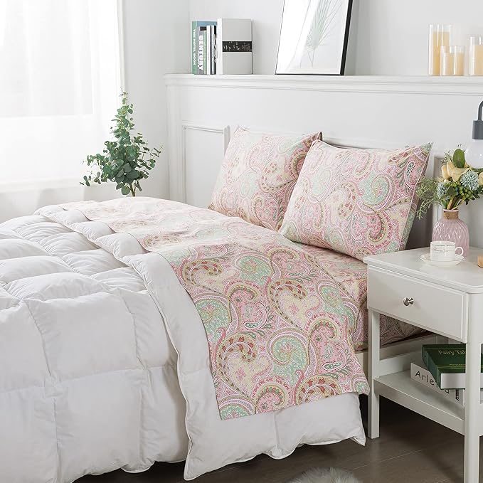 FADFAY Egyptian Cotton Sheets Twin Pink Paisley Bedding Sets Deep Pocket Fitted Sheet Set 800TC Soft Skin-Friendly Natural Bed Sheets (4Pcs, Twin Size)