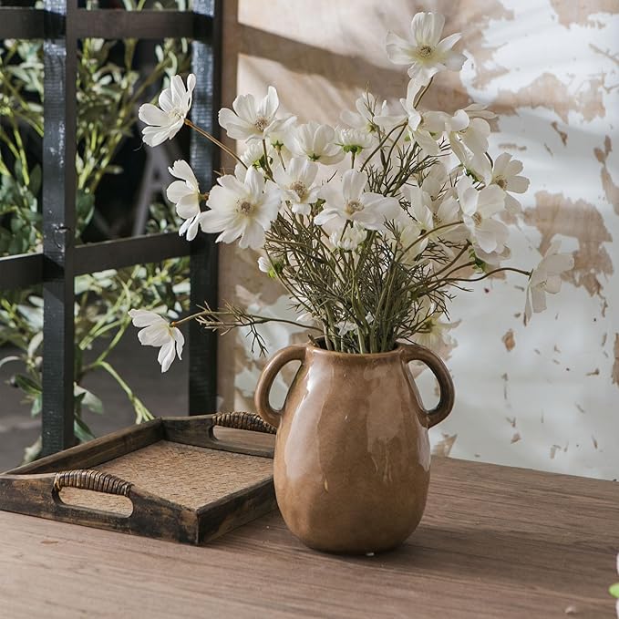 Brown Ceramic Vase with 2 Handles for Modern Farmhouse Home Decor, Vintage Rustic Decorative Vases, Small Vase for Fresh and Dried Flowers, Centerpiece Table Decorations, 7 Inch