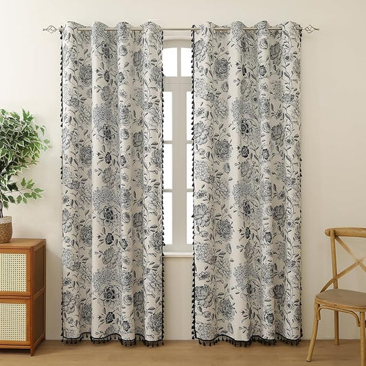 100% Blackout Black Floral Farmhouse Curtains Living Room Thermal Insulated Drapes Elegant Peony Pattern & Tassel Curtains 2 Panels Blocking Curtains for Windows Floral Drapes (52W*96L)