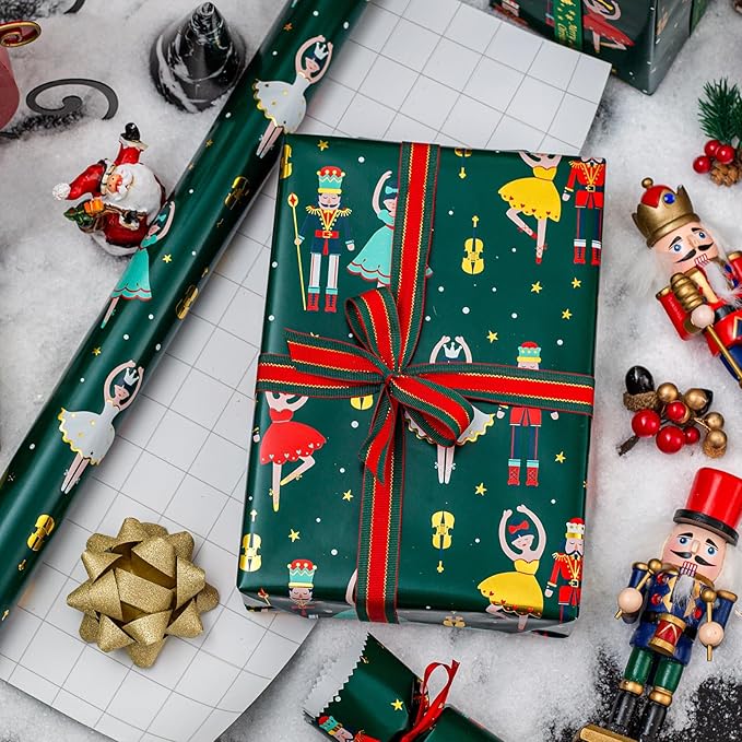 MAYPLUSS Christmas Wrapping Paper Roll - 17 Inch X 33 Feet - Vintage Metallic Foil Green and Gold Nutcracker Ballet Holiday Present Gift Wrap Paper for Christmas, Party, Winter Festive Celebrations