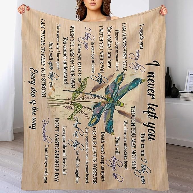 Dragonfly Blanket Memorial Sympathy Gifts for Girls Women Loved One I Never Left You Throw Blanket for Kids Adults Soft Warm Cozy Fleece Blanket for Couch Sofa Bed 60"x80"