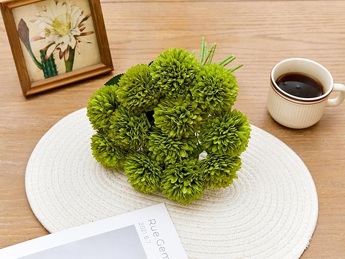 SITUMEIZI 12 Pcs Green Artificial Chrysanthemums Flowers Ball Flower Fake Mums Silk for Wedding Home Kitchen Decoration Floral Arrangement