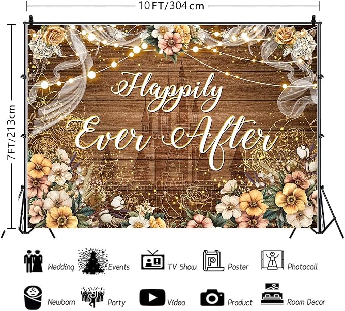 Happily Ever After Backdrop Bridal Shower Wedding Party Brown Wood Photography Background Boho Floral Golden Rose Dots Wedding Decor Banner Portrait Photo Booth Studio Props 10x7ft FU073YL