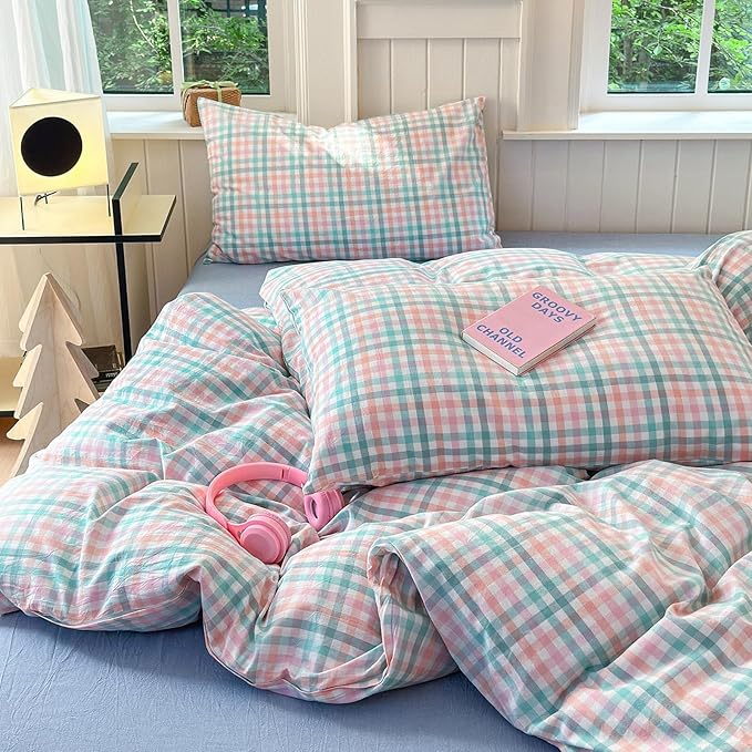 LifeTB Gingham Comforter Set Full Size Colorful Plaid Checkered Pattern Comforter Geometric Grid Plaid Printed Bedding Comforter Set with 2 Pillowcases Luxury Soft Fluffy Gingham Bedding Set Full