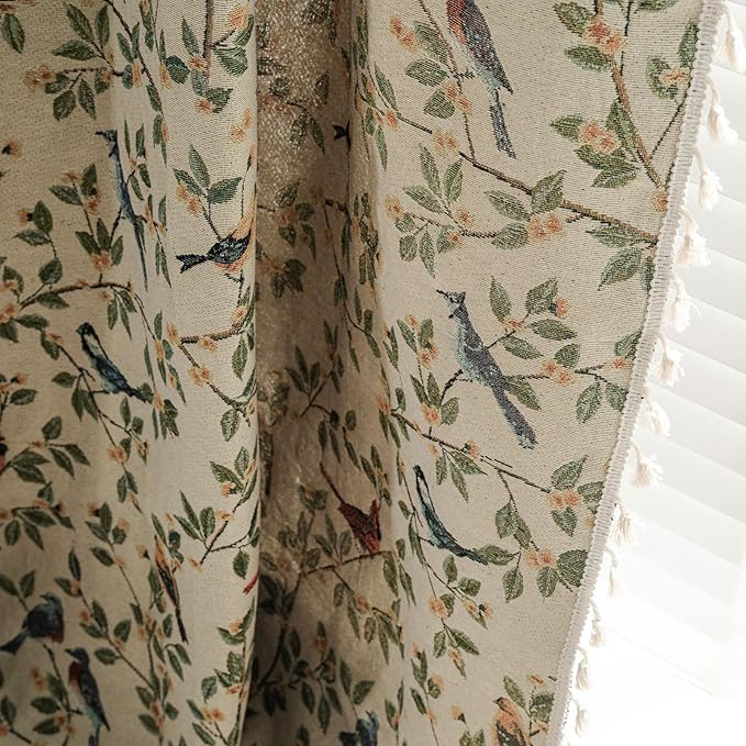 ENJOYBRIDAL Floral 96 Inch Curtains for Bedroom Jacquard Drapes Bird Patterned Semi Sheer Boho Long Window Curtains Living Room 2 Panels Farmhouse Rod Pocket Light Filtering Decor Window Treatments