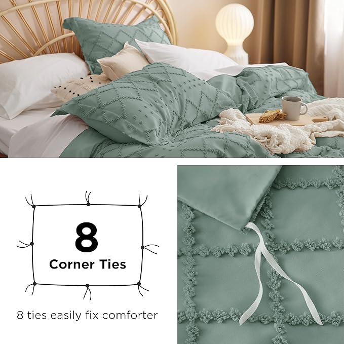 Bedsure Boho Twin Duvet Cover Size - Green Breathable & Soft Boho Bedding, Machine Washable Comforter Cover for All Seasons, Includes 1 Duvet Cover 68"x90" with 1 Pillow Sham & Zipper Closure