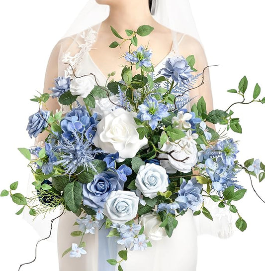 Ling's moment Dusty Blue Wedding Bouquets for Bride, Blue and White Bridal Bouquets for Bride,15 Inch Free Form Artificial Wedding Flower Bouquet