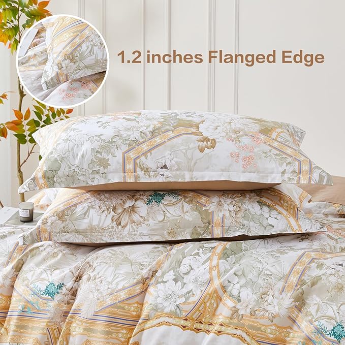 SAPHREAS Gold Floral Duvet Cover Set 2pcs Twin Size White Flower Botanical Blossom Bedding Comforter Cover Set 100% Cotton 1 Duvet Cover 68"x90" 1 Pillow Sham, Comforter Not Included