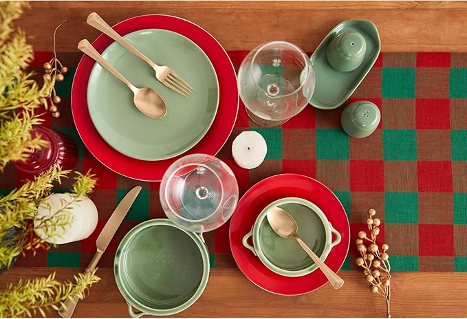 Solino Home Linen Checkered Table Runner 36 Inches - 100% Pure Linen Buffalo Check Red and Green Table Runner 14 x 36 Inch Ideal for Dresser and Coffee Tables - Winter
