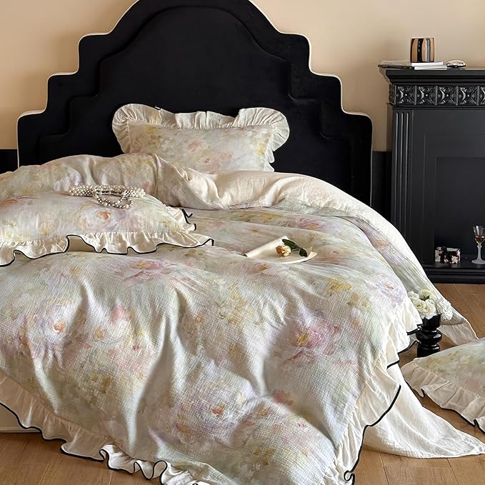 VM VOUGEMARKET Chic Floral Duvet Cover Full with Romantic Ruffles 100% Organic Cotton,Soft Textured Gauze Weave Comforter Cover with Zip Closure and Corner Ties- 80"x90"