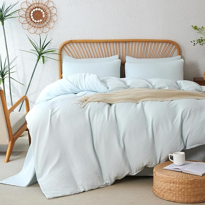 Duvet Cover Set Queen Glacier Blue, 3 Pieces Double-Layer Crinkle Gauze Soft Bedding for All-Season Lightweight Breathable with 2 Pillowcases