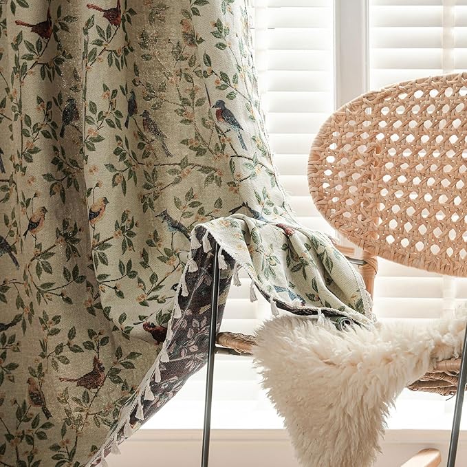 ENJOYBRIDAL Floral 63 Inch Curtains for Bedroom Jacquard Drapes Bird Patterned Semi Sheer Boho Short Window Curtains Living Room 2 Panels Farmhouse Rod Pocket Light Filtering Decor Window Treatments