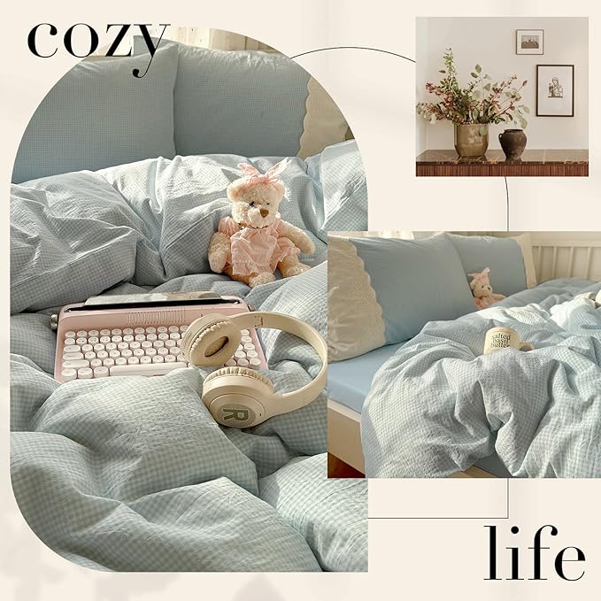 LifeTB Blue Gingham Duvet Cover Twin XL 3 Pieces Blue Plaid Comforter Cover with Chic White Lace Soft Microfiber Checkered Grid Duvet Cover with 2 Pillowcases Breathable Gingham Plaid Bedding Set