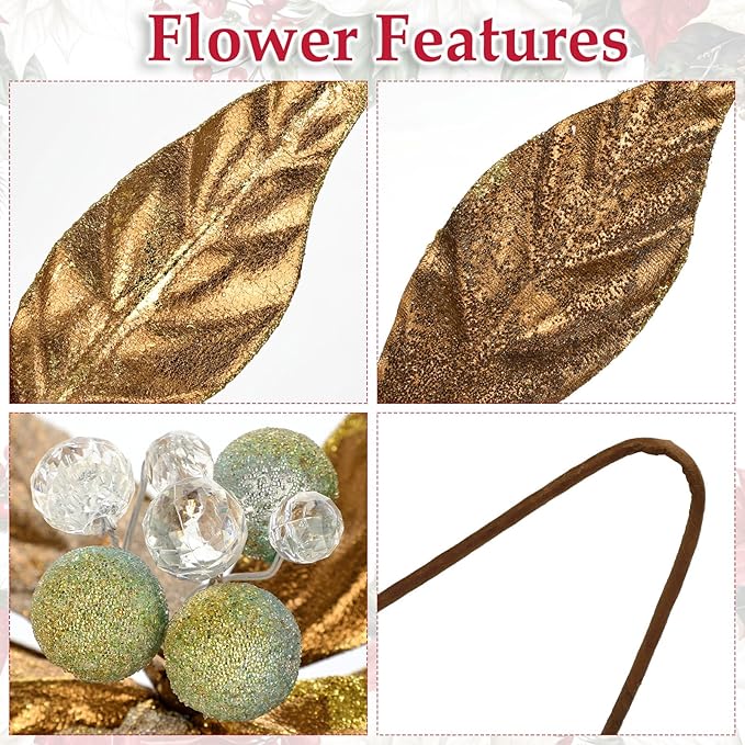 DILATATA 3 Pcs Artificial Christmas Flowers 13 Inch Glitter Poinsettia Picks Christmas Tree Ornaments Topper Decorations Bronze Poinsettias Flowers for Xmas New Year Wreath Garland Wedding Home Decor