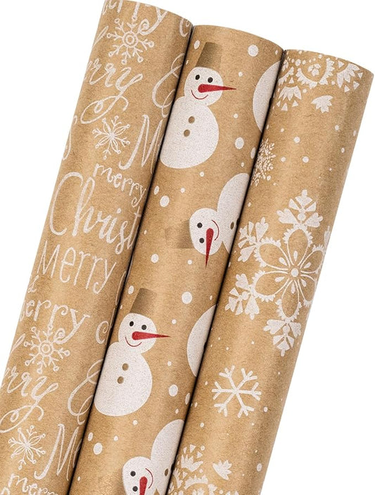 MAYPLUSS Kraft Christmas Wrapping Paper Roll - Mini Roll - 17 in X 120 in Per roll - White Snowman, Let it Snow Design Snowflake for XMAS,Party Birthday gift wrap (42.3 sq.ft.ttl)