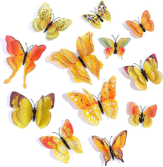 SAOROPEB 3D Butterfly Wall Decor, 72 Pcs Double Layer Butterfly Decorations for Party Decorations Locker Decor Refrigerator Decal, Reusable (Yellow)