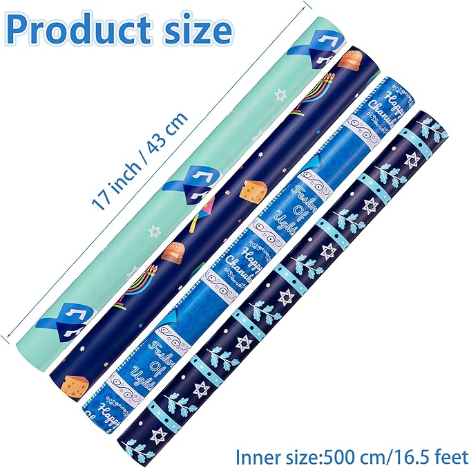 Hanukkah Wrapping Paper (4 Rolls, 93 sq. ft. ttl) Menorahs, Dreidels, Stripe and Star of David Design for Holiday Gift Wrap - Traditional Hanukkah Elements Collection - 17 Inches x 16.5 Feet Per Roll