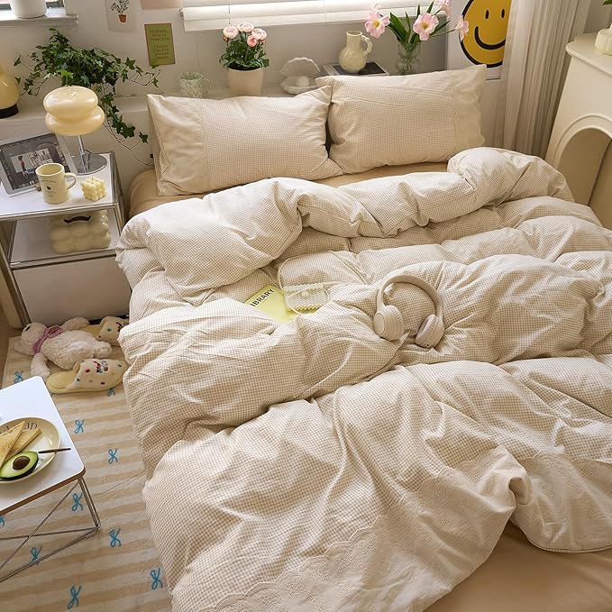 LifeTB Tan Gingham Comforter Set Full Romantic Lace Style Beige Taupe Plaid Comforter Set 3 Pieces Vintage Checkered Grid Comforter with 2 Pillowcases Fluffy Soft Farmhouse Gingham Bedding Set