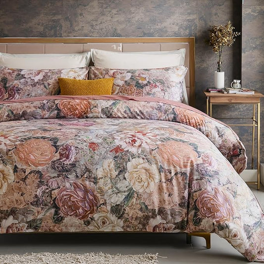 100% Cotton Duvet Cover Queen Size – Vintage Floral Duvet Cover Set with Zipper Closure & Corner Ties, 3-Piece Luxury & Silky Soft Bedding Set for All Seasons