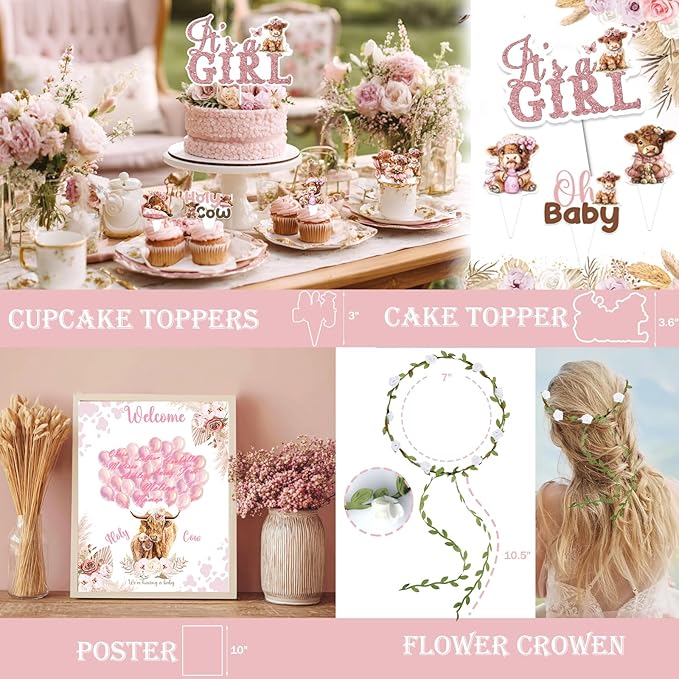 Highland Cow Baby Shower Decorations Girls, 129 PCs – Holy Cow Baby Shower Party Supplies with Floral Backdrop, Balloon Garland, It’s a Girl Cake Topper, Mommy To Be Sash, Headband