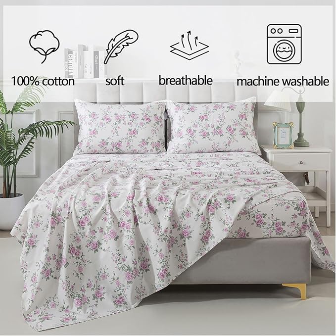 FADFAY Vintage Floral King Size Sheets Set Premium 100% Cotton Shabby Purple Rose Pattern Coquette Cottagecore Bedding Set Deep Pocket Sheets with 2 Pillowcases Luxury Breathable Soft 4Pcs, King