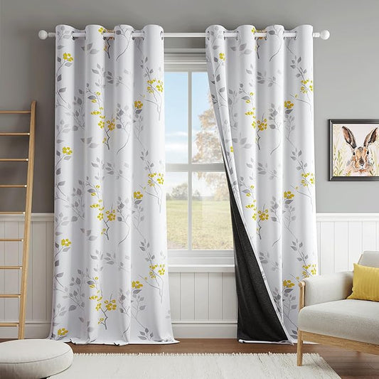 Beauoop Floral 100% Blackout Curtains 108 Inches Long 2 Panels for Bedroom Living Room Yellow Grey and White Flower Patterned Room Darkening Thermal Soundproof Grommet Window Treatments Drapes