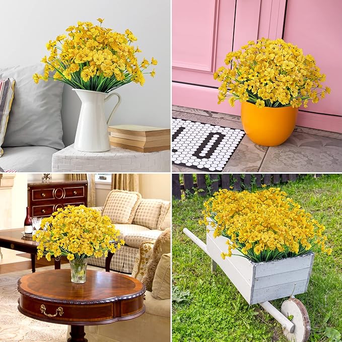 Ouddy Decor 24 Bundles Artificial Flowers for Decorations Fake Silk Plants for Outdoors UV Resistant Faux Plastic Greenery Stems for Garden Porch Window Box Home Spring Decor, Yellow