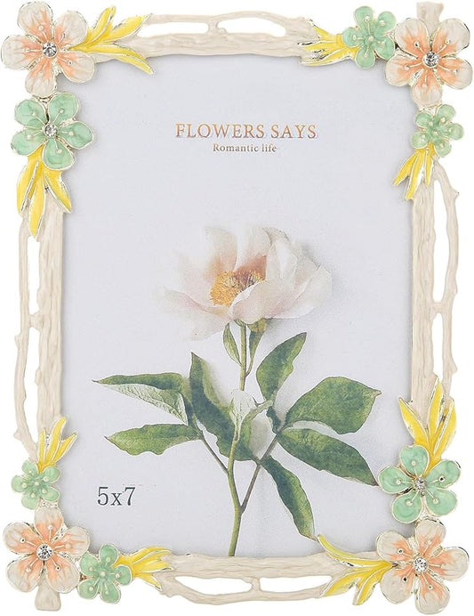5x7 Picture Frame Enamel Floral Design Metal Photo Frame with HD Glass, Tabletop or Wall Home Art Decoration, Creative Gifts Ideas for Flower Lovers, Horizontall & Verticall