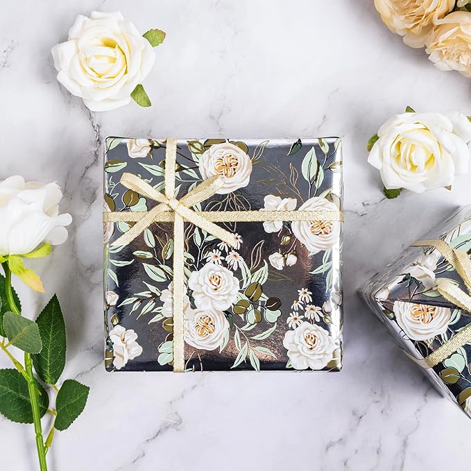 Altarho Wedding Wrapping Paper Roll - 17 Inch x 33 Feet - Silver White Floral with Metallic Foil Design Perfect for Mothers Day Wedding Bridal Shower Spring Birthday Summer