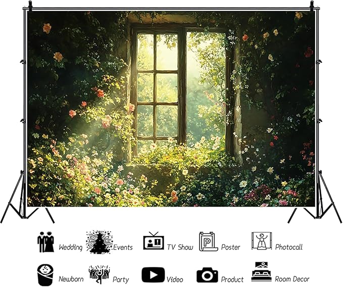 Baocicco 8x6.5ft Spring Window Photography Backdrops Sunshine Oil Painting Flowers Background Cloth for Marriage Valentines Mothers Day Engagement Party Decoration Photo Props Background Supplies