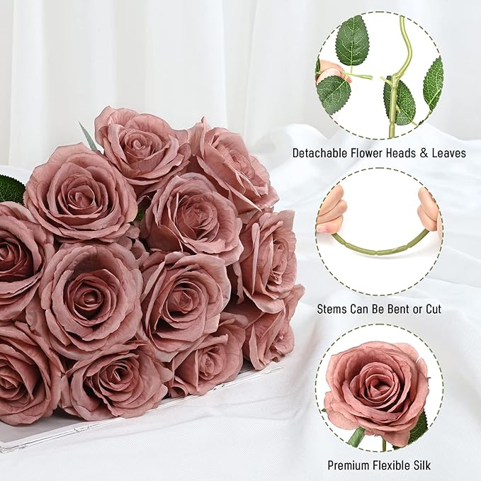 Waipfaru 12 Pcs Artificial Flowers Fake Silk Dusty Roses, Faux Real Touch Roses Bouquet with Long Stem for Wedding Party Home Decor (Dusty Rose)