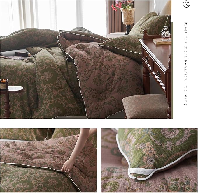 HighBuy Muslin Cotton Comforter Set King Size Paisley Floral Print Hotel Luxury Breathable Bedding Comforter All Season Olive Green Boho Bedding Set with 1 Floral Comforter 2 Pillowcases