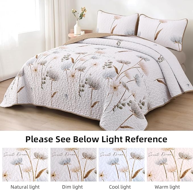 Dinjoy King Size Quilt Set Floral,3 Pieces Khaki/Beige Farmhouse Quilts Lightweight Fall Bedspreads Flower Pattern Coverlet Bed Set White Boho King Quilt Bedding Sets for All Season(110"x90")