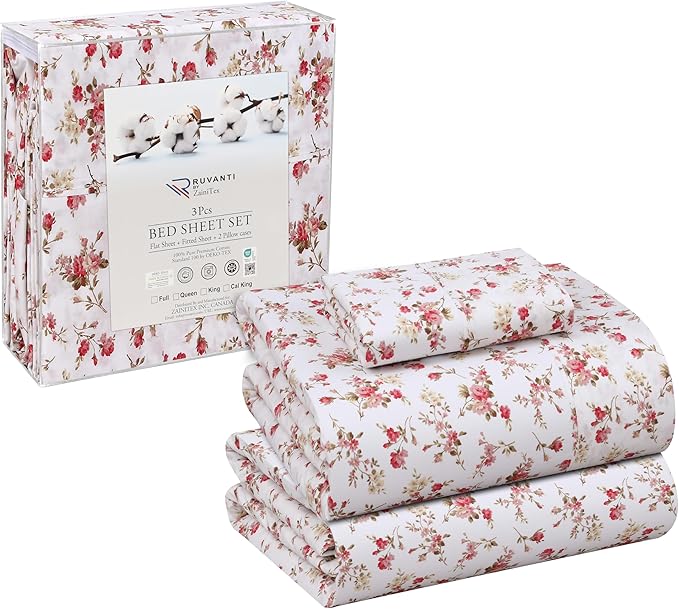 RUVANTI 100% Cotton Twin XL Sheet Sets, 3 Pieces, Soft & Breathable Percale Weave Bedding, Deep Pocket 16", Hotel Standard, Crisp Cool Feel, Durable, Perfect Size Floral Sheets, Bouquet
