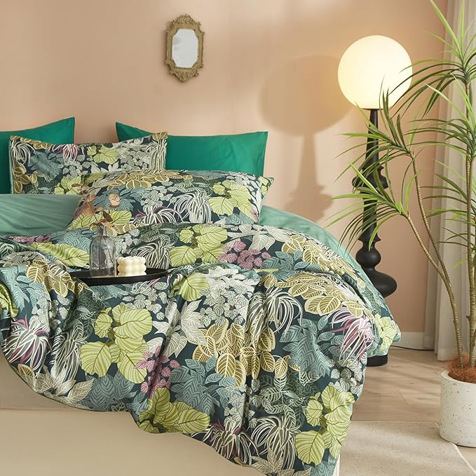 HighBuy Tropical Green Duvet Cover Queen Size Soft Cotton Leaves Bedding Set Queen Vintage Boho Flower Comforter Cover Garden Style Duvet Cover for Kids Girls with 2 Pillowcases Queen Bedding Sets