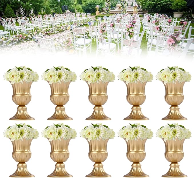 10PCS Gold Wedding Flower Vases, 6.3''h Trumpet Floral Display Holders, Table Centerpieces Decors, Metal Plant Urn Vases, Ready to Use for Garden Wedding Bedroom Living Room Office