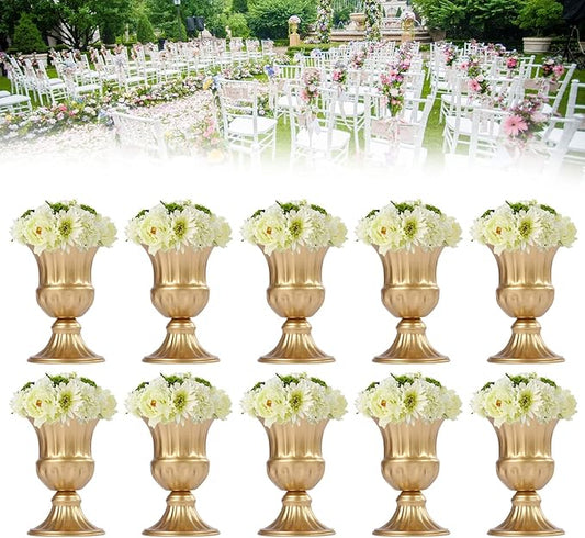 10PCS Gold Wedding Flower Vases, 6.3''h Trumpet Floral Display Holders, Table Centerpieces Decors, Metal Plant Urn Vases, Ready to Use for Garden Wedding Bedroom Living Room Office