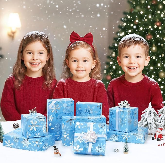 WERNNSAI Christmas Wrapping Paper Roll - 1 Roll 17”x 33 ft Blue Christmas Snowflake Wrapping Paper for Kids Girls Gift Packing Decorations Birthday Holiday Baby Shower Party Supplies