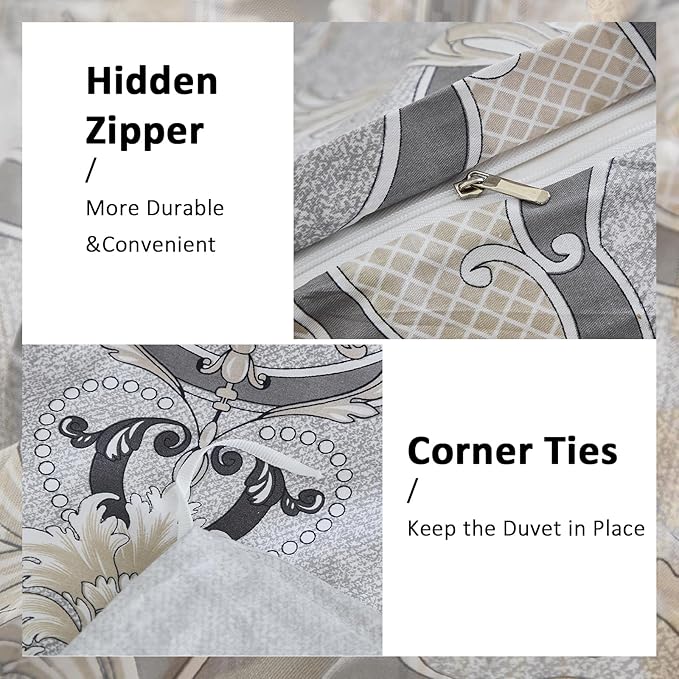 100% Natural Cotton Duvet Cover Set Queen 3 Pcs Grayish Duvet Cover with Luxurious Damask Pattern, Reversible Breathable Soft Comforter Cover Sets with Zipper Closure All Season